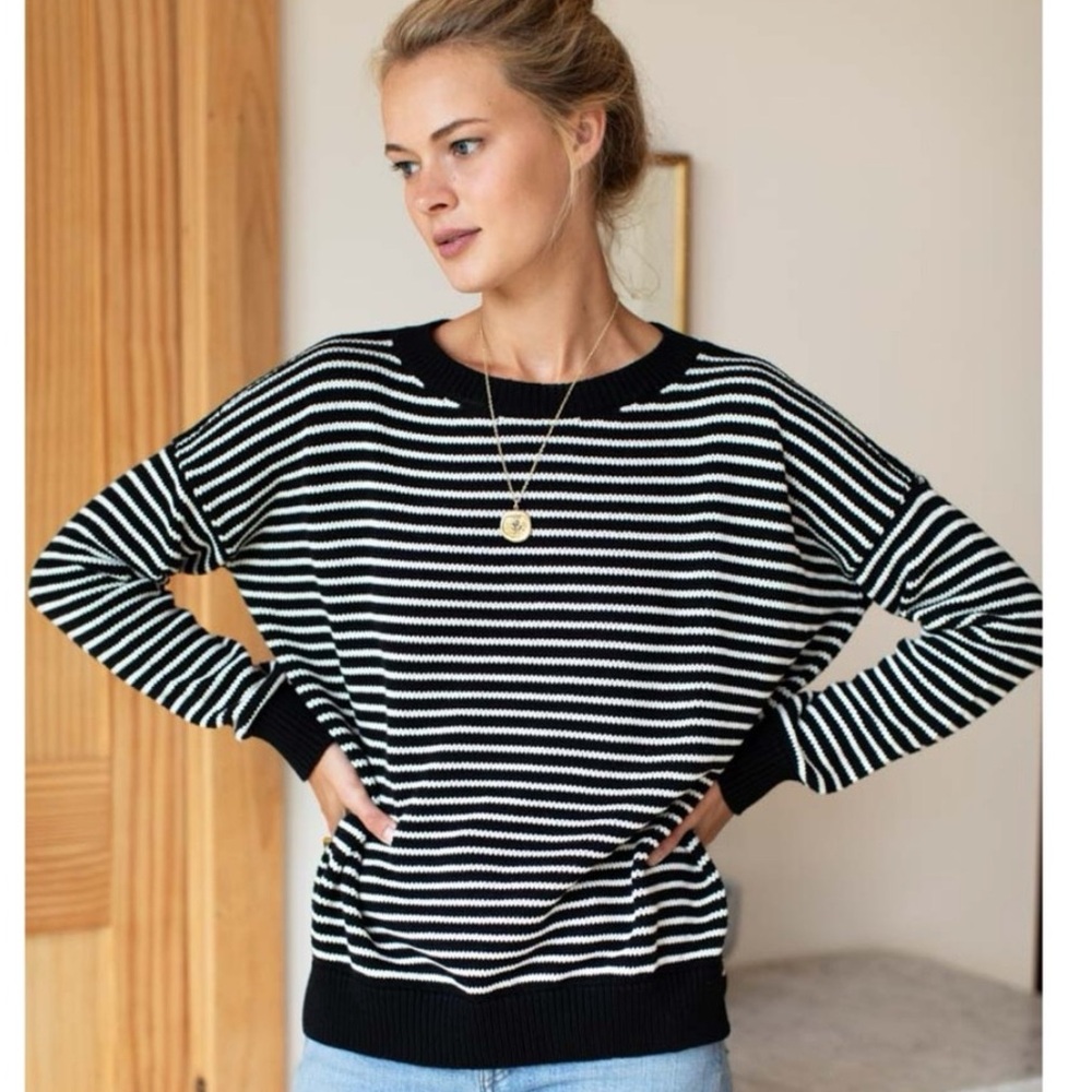 EMERSON FRY Carolyn Sweater Black White Striped Organic Cotton Crew Pullover L